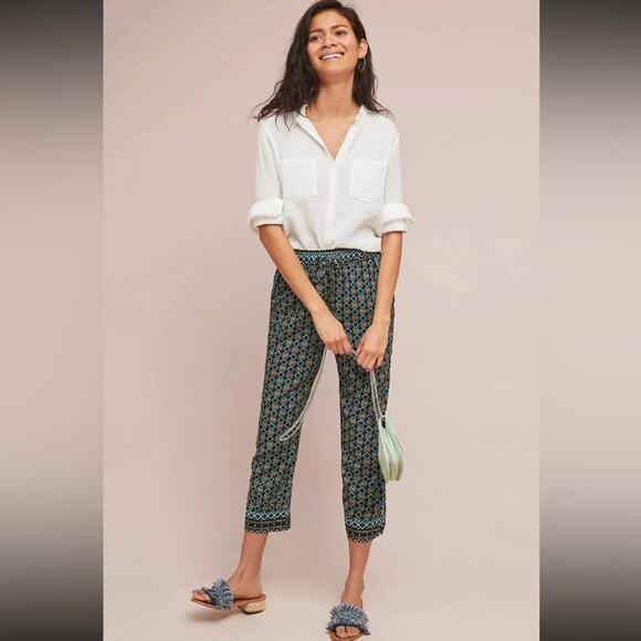 Anthropologie Geometric Print Tie Waist High Rise Jogger Pants in Green Motif S - Picture 1 of 15